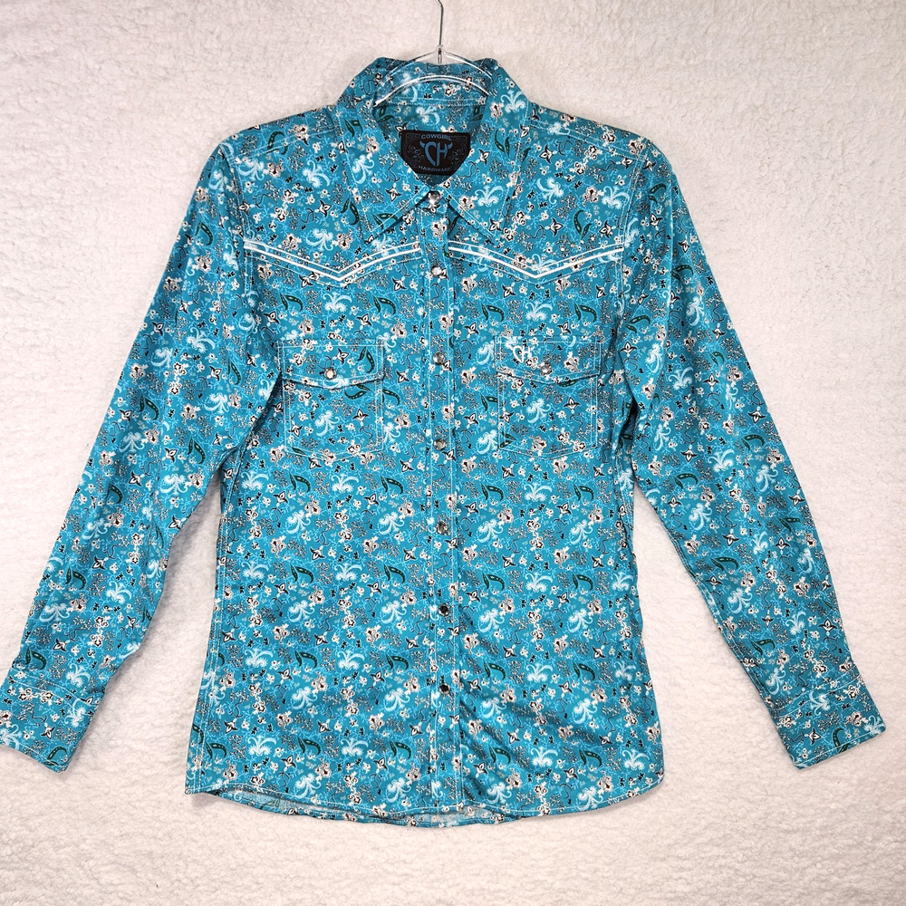 Cowgirl Hardware 100% Cotton Aqua Blue Long Sleeve Western Rhinestone Shirt Sm